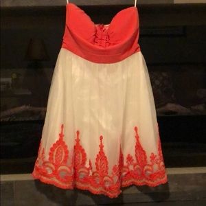 Pink and cream embroidered tulle strapless dress